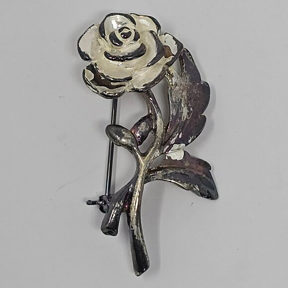 Vintage Shabby Chic White Rose Brooch Silver Tone Floral Costume Jewelry Pin - Picture 3 of 11